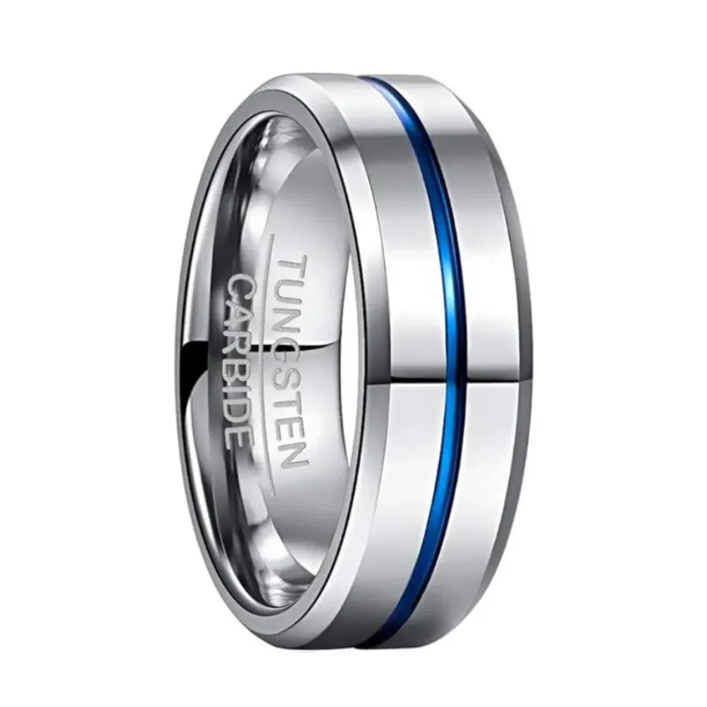 Silver Tungsten with Central Blue Inlay Wedding Ring (8mm)