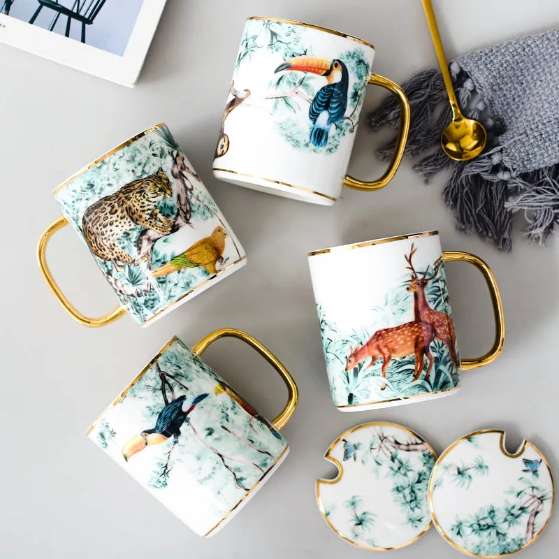 The Tropics Retro Fauna Coffee Mugs - With Gold Spoon