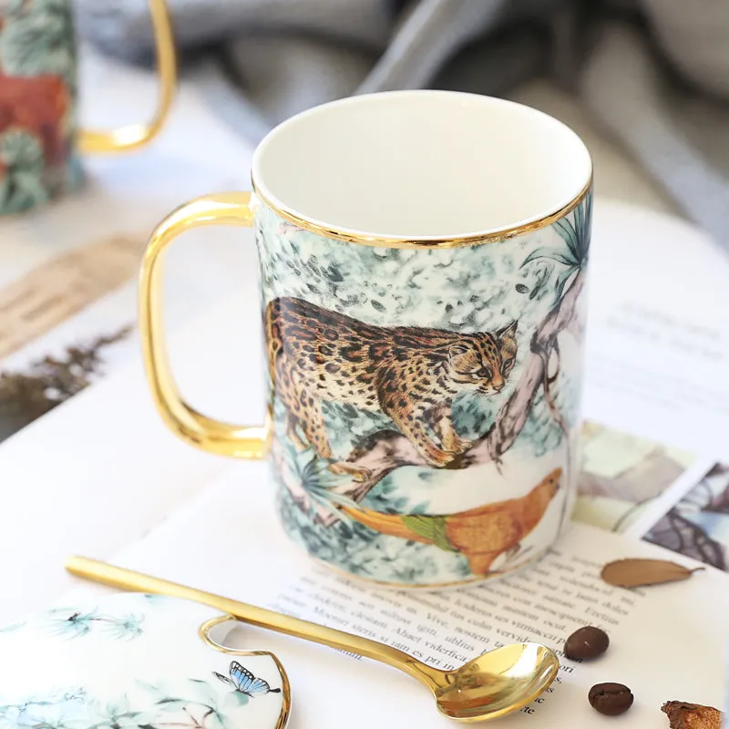 The Tropics Retro Fauna Coffee Mugs - With Gold Spoon