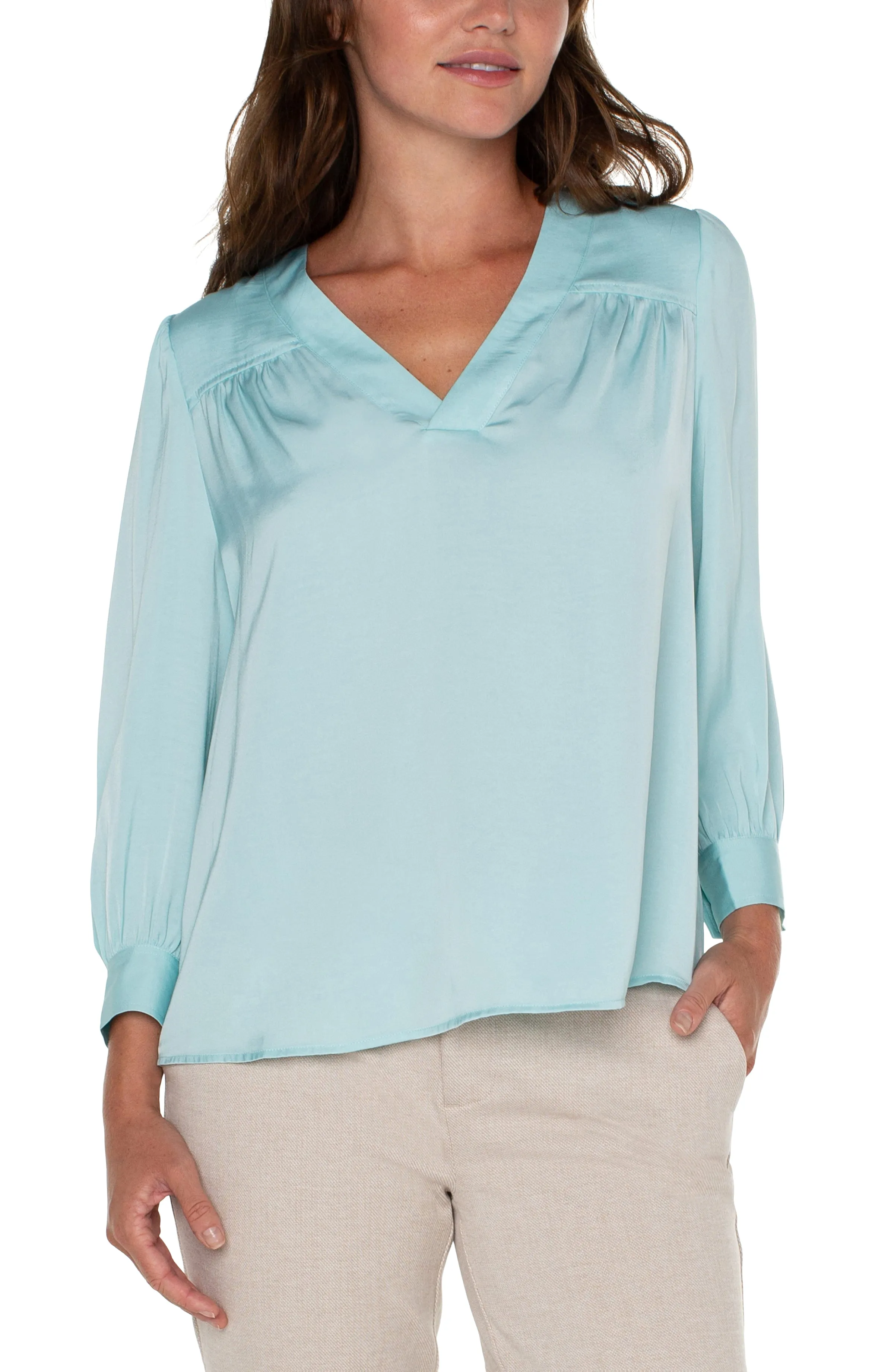 V-NECK POPOVER WOVEN BLOUSE