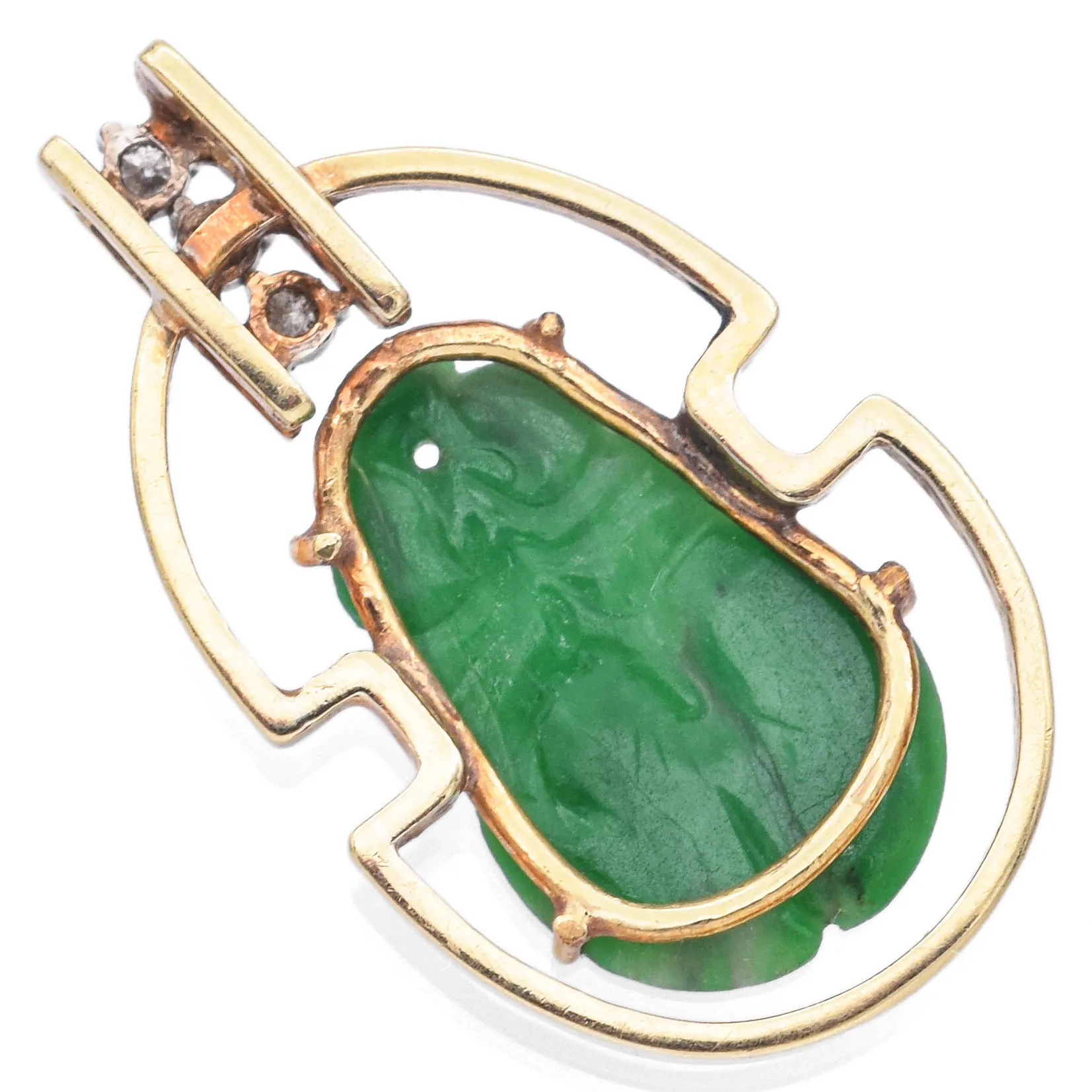 Vintage 11k Yellow Gold Green Jade & Diamond Carved Pendant