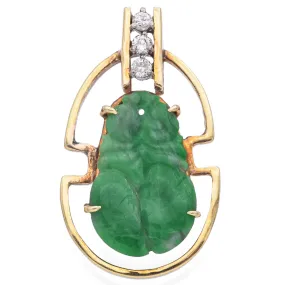 Vintage 11k Yellow Gold Green Jade & Diamond Carved Pendant